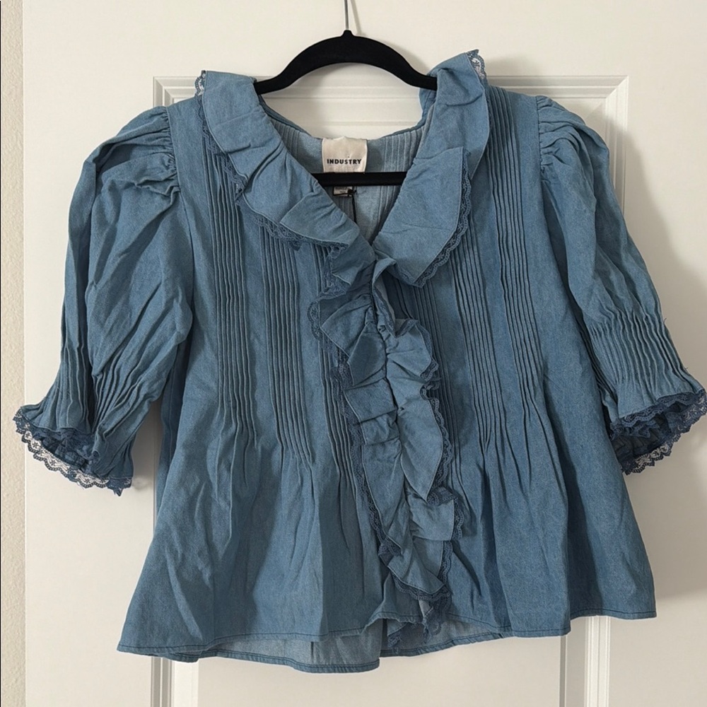 INDUSTRY 100% cotton Ruffled Chambray Peasant Blouse - Denim Blue